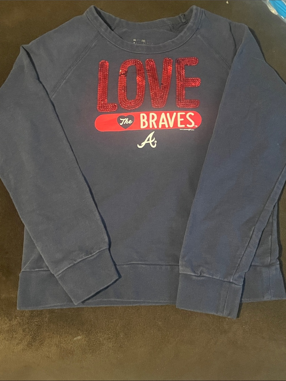 Big girls size small LOVE The Braves Navy Sweatshirt with Red Sequin Accent